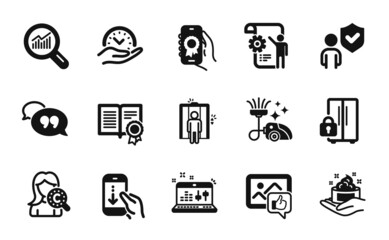 Vector set of Data analysis, Like photo and Diploma icons simple set. Settings blueprint, Scroll down and Safe time icons. Security, Vacuum cleaner and Refrigerator signs. Vector