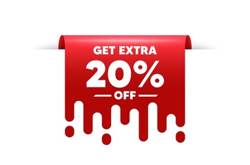 Get Extra 20 percent off Sale. Red ribbon tag banner. Discount offer price sign. Special offer symbol. Save 20 percentages. Extra discount sticker ribbon badge banner. Red sale label. Vector