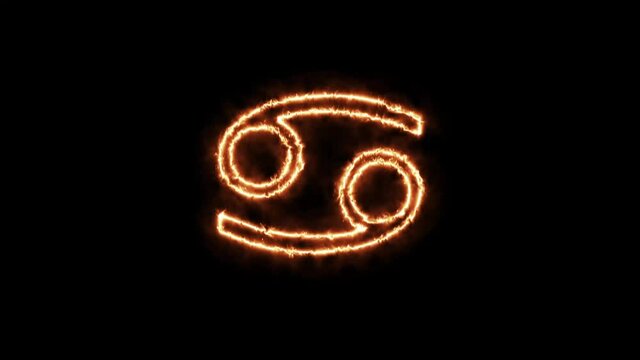 Zodiac signs Cancer on fire. Animation on a black background letters 4K video is burning in a flame.
