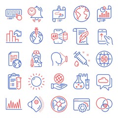 Science icons set. Included icon as 5g internet, Medical syringe, Face id signs. Medical analyzes, Seo gear, Sunny weather symbols. Time management, Report document, Line graph. Swipe up. Vector