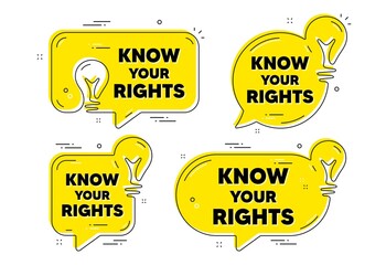 Know your rights message. Idea yellow chat bubbles. Demonstration protest quote. Revolution activist slogan. Know your rights chat message banners. Idea lightbulb balloons. Vector