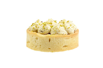 Sweet mini tart with pistachio and raspberry isolated on white