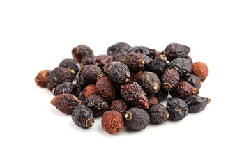 Dried rose hip fruits herbal tea isolated on white