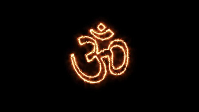 Om mantra is on fire. Animation on a black background letters 4K video is burning in a flame.