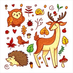 Obraz premium Cartoon autumn forest animals set. Bundle - deer, owl, bird, hedgehog, snail, mushrooms, leaves, branches, berries and ladybug for kids. Vector illustration, elements isolated on white background.