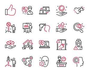 Vector Set of People icons related to Face accepted, Presentation time and Discount icons. Vision test, Writer and Dont touch signs. Nurse, Love message and Outsource work. Launch project. Vector