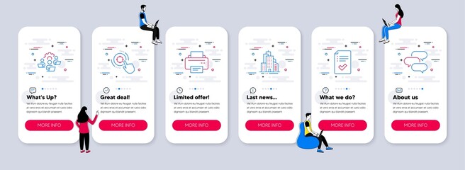 Vector Set of Business icons related to Teamwork, Approved checklist and Printer icons. UI phone app screens with teamwork. Seo target, Skyscraper buildings and Talk bubble line symbols. Vector