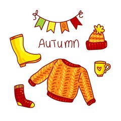 Cartoon colorful autumn stuff set. Bundle - cozy sweater, warm socks, rubber boots, hat, cup and festival flags for kids. Vector illustration, elements isolated on white background for you design.
