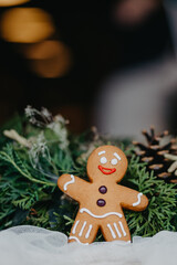 Obraz na płótnie Canvas Festive Christmas composition of gingerbread cookies in the shape of a man. Background for your greeting cards with space for your text