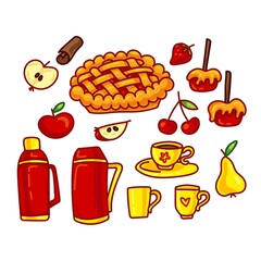 Cartoon colorful autumn apple picnic set. Bundle - apple pie, apple slice, caramel apples, pear, berries, cinnamon, cups and thermoses for kids. Vector illustration isolated on white background.