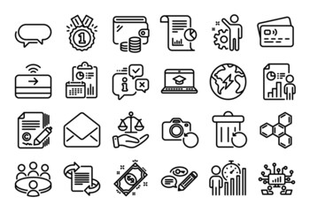 Vector set of Justice scales, Recovery trash and Contactless payment line icons set. Calendar report, Money wallet and Credit card tag. Meeting, Business statistics and Keywords icons. Vector