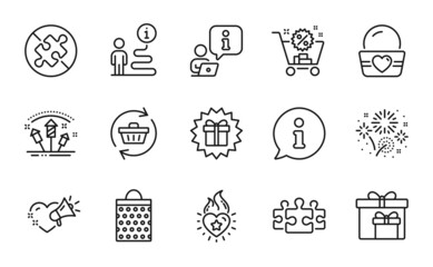 Holidays icons set. Included icon as Love message, Shopping bag, Shopping cart signs. Puzzle, Heart flame, Ice cream symbols. No puzzle, Delivery boxes, Fireworks. Refresh cart line icons. Vector