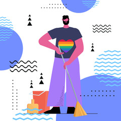 man wearing rainbow LGBT t-shirt guy sweeping floor transgender love housework concept