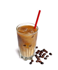 Ice coffee drink in tall glass with coffee beans on white background