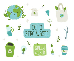 Zero waste doodle green and blue set. Eco collection of reusable things and cute planet.