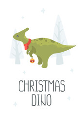 Cute little christmas dino in snow forest poster. Print for for wall art, apparel, card, textile, fabric, nursery, stationery.