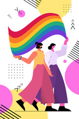 lesbian couple holding rainbow flag transgender love LGBT community concept full length vertical