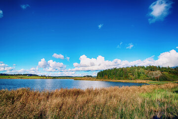 landscape with lake and blue sky