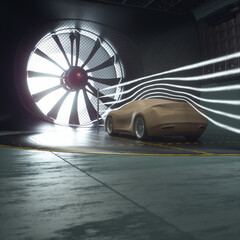 Prototype sports car. 3D illustration of imaginary sports car. Conceptual prototype inside aerodynamic tunnel. - 460883604
