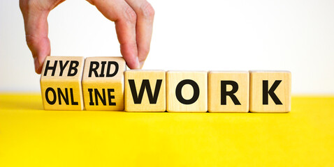 Hybrid or online work symbol. Businessman turns cubes and changes words 'online work' to 'hybrid...
