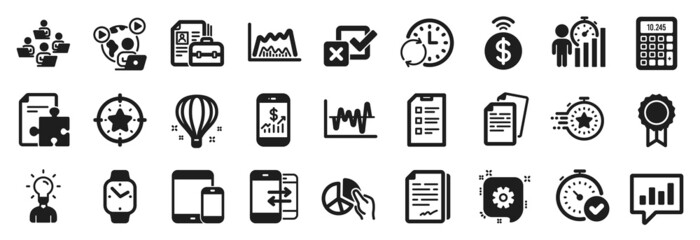 Set of Education icons, such as Analytical chat, Mobile finance, Checkbox icons. Calculator, Checklist, Teamwork signs. Strategy, Phone communication, Mobile devices. Fast verification . Vector