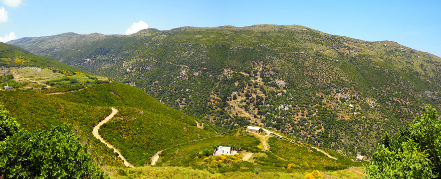panoramic view of the island of Andros, famous Cycladic island, from the monastery of Agios Nikolas which has relics of saints, the most venerable of which is part of the skull of Joseph of Arimathea