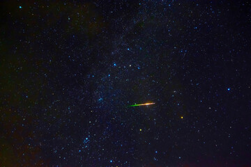 shooting star meteorite comet on background of blue dark starry sky with galaxies and nebulae