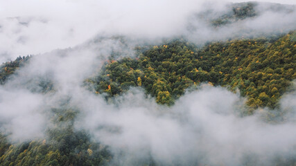 Misty Autumn Mountain Aerial View