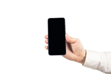 hand hold smartphone with screen copy space isolated on white background, advertisement