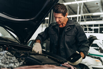 Waist up portrait view of the serious car mechanic in his repair shop standing next to the car. Close-up of the engine