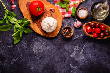Tasty delicious burrata cheese with fresh tomatoes