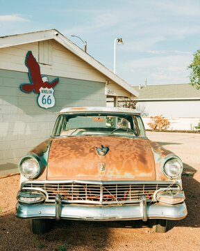 Old rusty car in Winslow, Arizona on Route 66