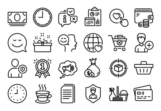 Vector set of International love, Time and Good mood line icons set. Calendar report, Money wallet and Credit card tag. Like button, Parcel tracking and Security icons. Vector