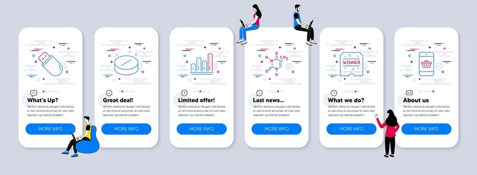 Business icons set. UI phone app screens with teamwork. Included icon as Chemical formula, Medical tablet, Graph chart signs. Usb stick, Winner ticket, Smartphone buying line icons. Vector