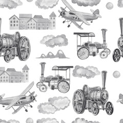 Transport vintage retro cars steam locomotive airplane city travel watercolor hand drawn illustration Patern seamless print textiles background childish cute © Paint_art