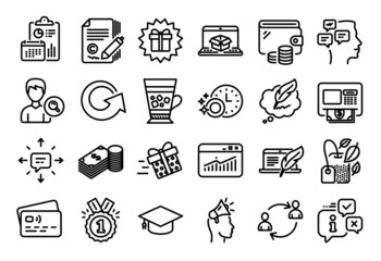 Vector set of Website statistics, Reload and Sms line icons set. Calendar report, Money wallet and Credit card tag. Copyright laptop, Present delivery and Dishwasher timer icons. Vector