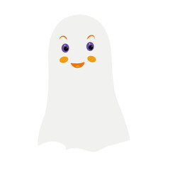 Smiling joyful ghost with blush on cheeks. Cartoon halloween character