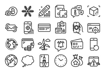 Vector set of Security app, Crane claw machine and Notification bubble line icons set. Calendar report, Money wallet and Credit card tag. Credit card, Online warning and Outsourcing icons. Vector