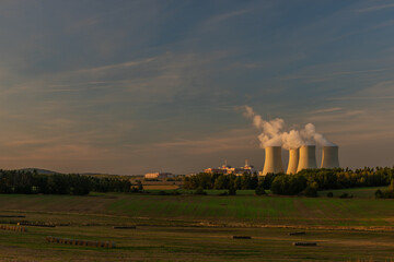 Nuclear power plant near Temelin village in autumn color evening