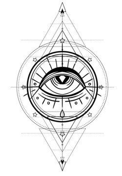 Eye of Providence. Masonic symbol. All seeing eye inside triple moon pagan Wicca moon goddess symbol. Vector illustration. Tattoo, astrology, alchemy, boho and magic symbol. Coloring book.