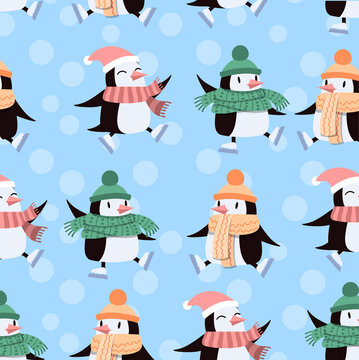Penguins seamless pattern. Image for printing on children s clothing, bedding. Cute animals on ice. Stylish wallpaper for computer. Cartoon flat vector illustration isolated on blue background