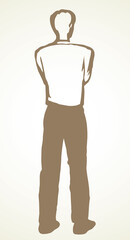 A man stands and looks into the distance. The view from the back. Vector drawing