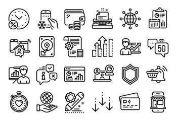 Vector set of Notification cart, Video conference and Scroll down line icons set. Calendar report, Money wallet and Credit card tag. Settings blueprint, Project edit and 5g internet icons. Vector