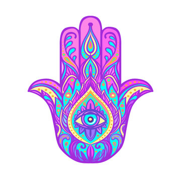Ornate hand drawn hamsa. Popular Arabic and Jewish amulet. Vector illustration isolated on white. Tattoo design, mystic symbol. coloring book for adults. Bright tattoo flash.