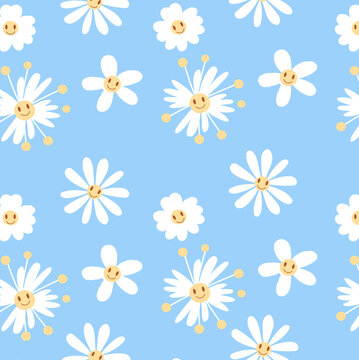 Chamomile seamless pattern, retro positive. Pictures for printing on fabric. Flower fashionable art. Stylish wallpaper for computer. Cartoon flat vector illustration isolated on blue background
