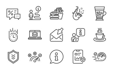 Line icons set. Included icon as E-mail, Speedometer, Tea cup signs. Discounts, Burger, Shield symbols. Frappe, Open mail, Jazz. Correct answer, Report checklist, Fast delivery line icons. Vector
