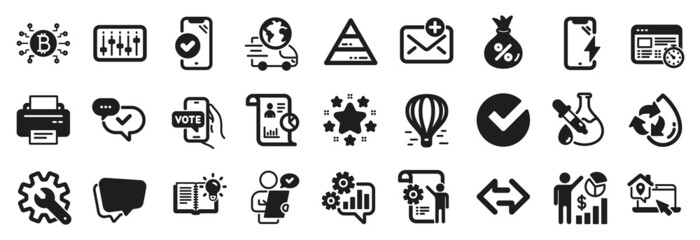 Set of Technology icons, such as Speech bubble, Smartphone charging, Recycle water icons. Bitcoin system, Settings blueprint, Verify signs. Loan, Dj controller, Approved phone. Cogwheel. Vector