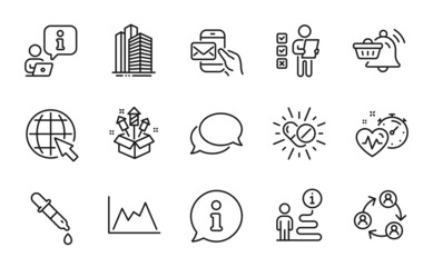 Business icons set. Included icon as Cardio training, Chemistry pipette, Diagram signs. Skyscraper buildings, Teamwork, Internet symbols. Fireworks rocket, Notification cart, Voting ballot. Vector