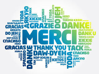 Merci (Thank You in French) word cloud in different languages