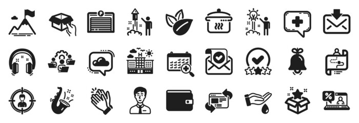 Set of Business icons, such as Hold box, Parking garage, Journey path icons. Loyalty program, Organic product, Jazz signs. Mountain flag, Creative idea, Bell. Medical calendar, Headphones. Vector